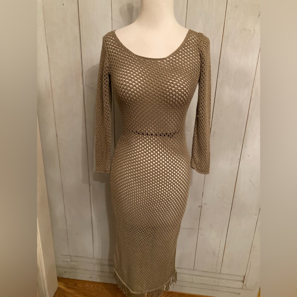 Anthropologie Carmel Crochet Dress Swim Cover Up Long Sleeve Side Slit Dress XS - Picture 2 of 11
